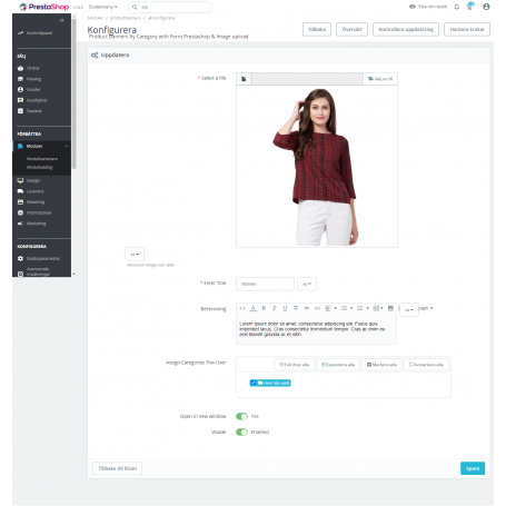 Produktbanners med formulär Prestashop & ladda upp bild