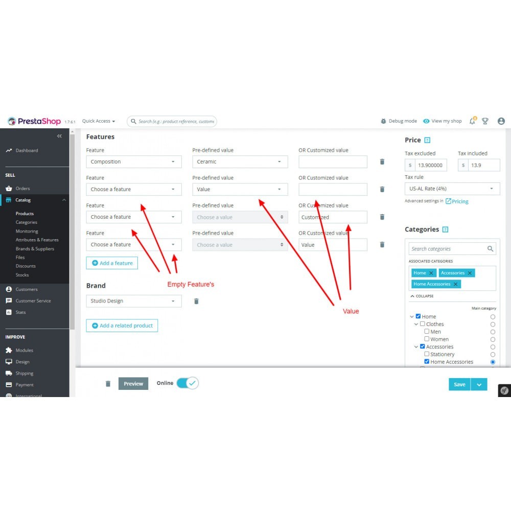 Prestashop Unused features remove in product with Customized value Prestashop Unused features remove in product with Customized value